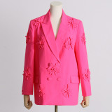 Women double-breasted floral Patchwork Blazer + high-waisted Bell Bottom pants two-piece set