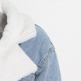 Women Autumn/Winter Turndown Collar Long Sleeve Lace-Fly Lamb Maxi Colorblock Denim Coat