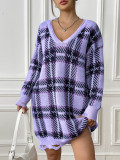 Women Autumn and Winter Contrast Color Patchwork Plaid Long Sleeve Casual Sweater Dress