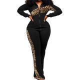 Women long-sleeved color-blocked zipper top and trousers two-piece set