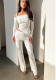 Women Irregular Off Shoulder Turndown Collar Top and Bell Bottom Pants Two-piece Set