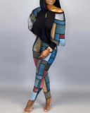 Women Long Sleeve Round Neck Print Off Shoulder Top and Pant Casual Two Piece Set