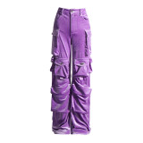 Women Fall Patchwork Pocket  Velvet Pants Straight Leg Cargo Pants
