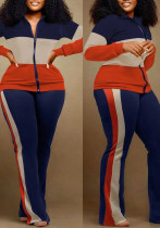 Women long-sleeved color-blocked zipper top and trousers two-piece set Women long-sleeved color-blocked zipper top and trousers two-piece set