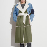 Women Autumn/Winter Turndown Collar Long Sleeve Lace-Fly Lamb Maxi Colorblock Denim Coat
