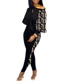 Women Long Sleeve Round Neck Print Off Shoulder Top and Pant Casual Two Piece Set