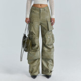 Women Pockets Style Loose Cargo PU-Leather Pant