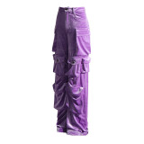 Women Fall Patchwork Pocket  Velvet Pants Straight Leg Cargo Pants