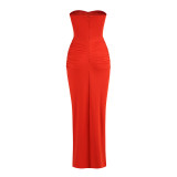Women Sexy Strapless Backless Skirt Ruffled Slit Dress