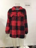 Women Autumn and Winter Pocket Plaid Sherpa Jacket Button Plush Jacket