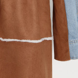 Women Autumn/Winter Turndown Collar Long Sleeve Lace-Fly Lamb Maxi Colorblock Denim Coat
