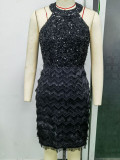 Women Sexy Vintage Tassel Patchwork Sequin Dress
