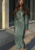 Women's Autumn Round Neck Belt Bell Bottom Long Sleeve Long Pleated Dress