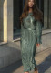 Women's Autumn Round Neck Belt Bell Bottom Long Sleeve Long Pleated Dress