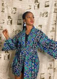 Women's Autumn Digital Print Patchwork Belt Pocket Kimono Jacket