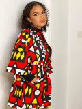 Women's Autumn Digital Print Patchwork Belt Pocket Kimono Jacket