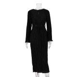Women's Autumn Round Neck Belt Bell Bottom Long Sleeve Long Pleated Dress