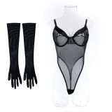 Sexy One-Piece Sexy See-Through Basic Slim Fit Bodysuit With Gloves For Women