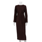 Women's Autumn Round Neck Belt Bell Bottom Long Sleeve Long Pleated Dress