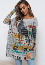 Plus Size Cartoon Print Sweater Long Sleeve Women Casual Pullover Loose Knitting Shirt Top