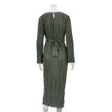 Women's Autumn Round Neck Belt Bell Bottom Long Sleeve Long Pleated Dress