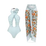 Women's Solid Color Cross Hollow Halter One Piece Swimsuit Cover Up Skirt Two Piece Swimwear For Women