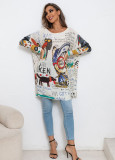 Plus Size Cartoon Print Sweater Long Sleeve Women Casual Pullover Loose Knitting Shirt Top
