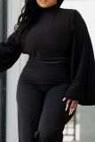 Women Solid Patchwork Long Sleeve Top and Pant Two-piece Set