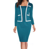 Women's Three Quarter Sleeve Fake Two Piece Patchwork Professional Bodycon Dress