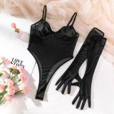Sexy One-Piece Sexy See-Through Basic Slim Fit Bodysuit With Gloves For Women