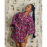 Women's Autumn Digital Print Patchwork Belt Pocket Kimono Jacket