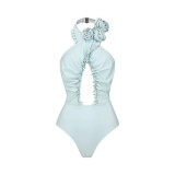 Women's Solid Color Cross Hollow Halter One Piece Swimsuit Cover Up Skirt Two Piece Swimwear For Women