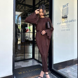 Women's Autumn Round Neck Belt Bell Bottom Long Sleeve Long Pleated Dress