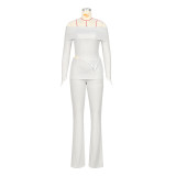 Women Irregular Off Shoulder Turndown Collar Top and Bell Bottom Pants Two-piece Set