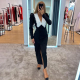 Autumn And Winter Women's Clothing Trends Black And White Contrast Slit Maxi Dress Peter Pan Collar Long Sleeve French Dress