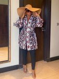 Women's Autumn Digital Print Patchwork Belt Pocket Kimono Jacket