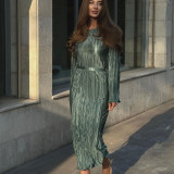 Women's Autumn Round Neck Belt Bell Bottom Long Sleeve Long Pleated Dress