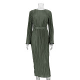 Women's Autumn Round Neck Belt Bell Bottom Long Sleeve Long Pleated Dress