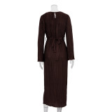 Women's Autumn Round Neck Belt Bell Bottom Long Sleeve Long Pleated Dress