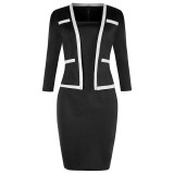 Women's Three Quarter Sleeve Fake Two Piece Patchwork Professional Bodycon Dress
