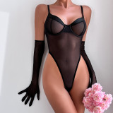 Sexy One-Piece Sexy See-Through Basic Slim Fit Bodysuit With Gloves For Women