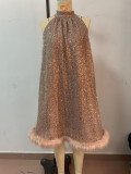 Women Sequined Sleeveless Halter Neck Dress