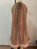 Women Sequined Sleeveless Halter Neck Dress