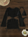 Women mesh hollow drawstring Lace-Up Swimwear Three-Piece