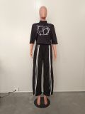 Fall/Winter Women's Ruber Print Top Wide Leg Slit Pants Casual Two Piece Set