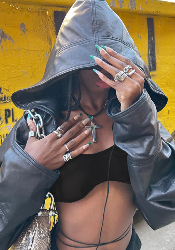 Hip-Hop Street Trendy Hooded Ultra-Short Leather Long-Sleeved Pure Black Jacket