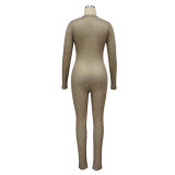 Women's Ribbed Printed Sexy V-Neck Tight Fitting Zipper Jumpsuit