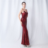 Positioning Flower Dinner Wedding Sequin Suspender Evening Dress
