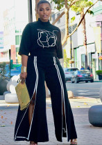 Fall/Winter Women's Ruber Print Top Wide Leg Slit Pants Casual Two Piece Set Fall/Winter Women's Ruber Print Top Wide Leg Slit Pants Casual Two Piece Set