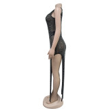 Fashion Women's Solid Color Mesh Beaded Sleeveless Long Dress